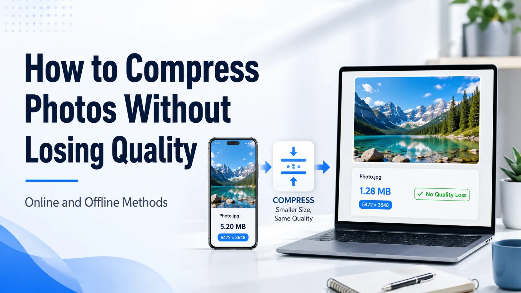 A photo shown before and after compression with no visible quality loss